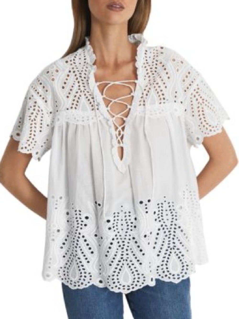 Reiss Aubree Eyelet Tie Neck Top In White